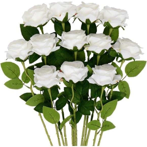 12 PCS Rose Artificial Flowers, White Silk Roses with Stems Realistic Fake Rose - Picture 1 of 6